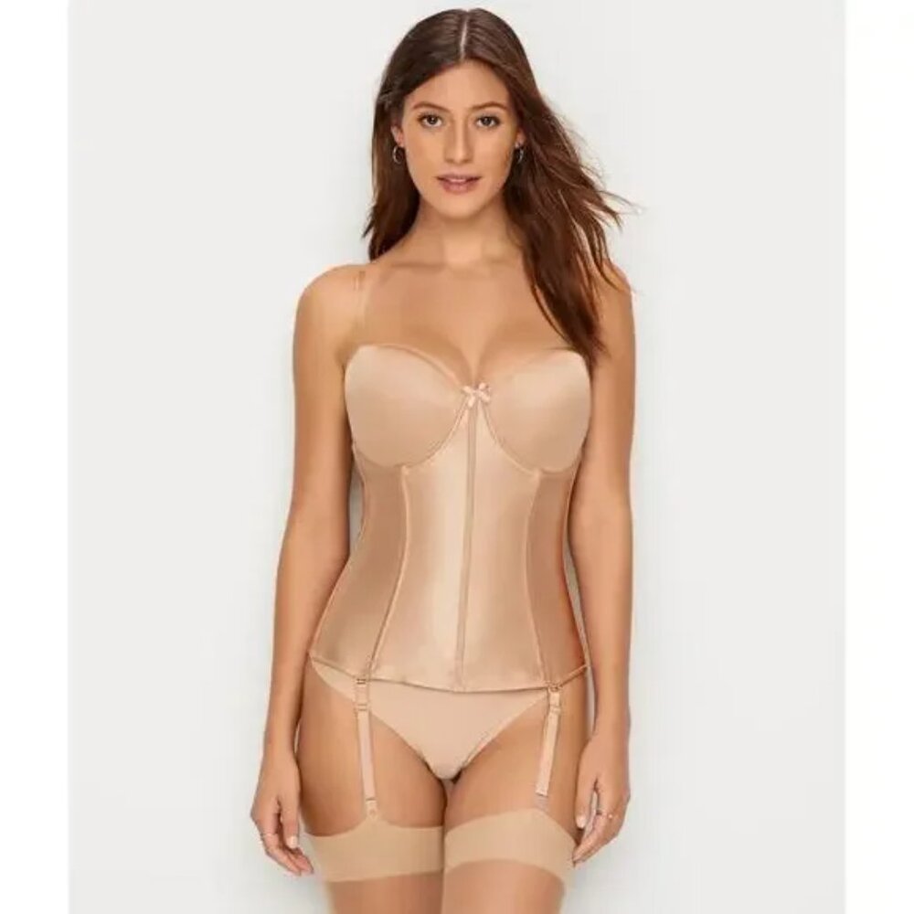 VA BIEN Garter Bustier‎ Womens 32DD Beige Nude Satin Strapless Longline 513 Bra